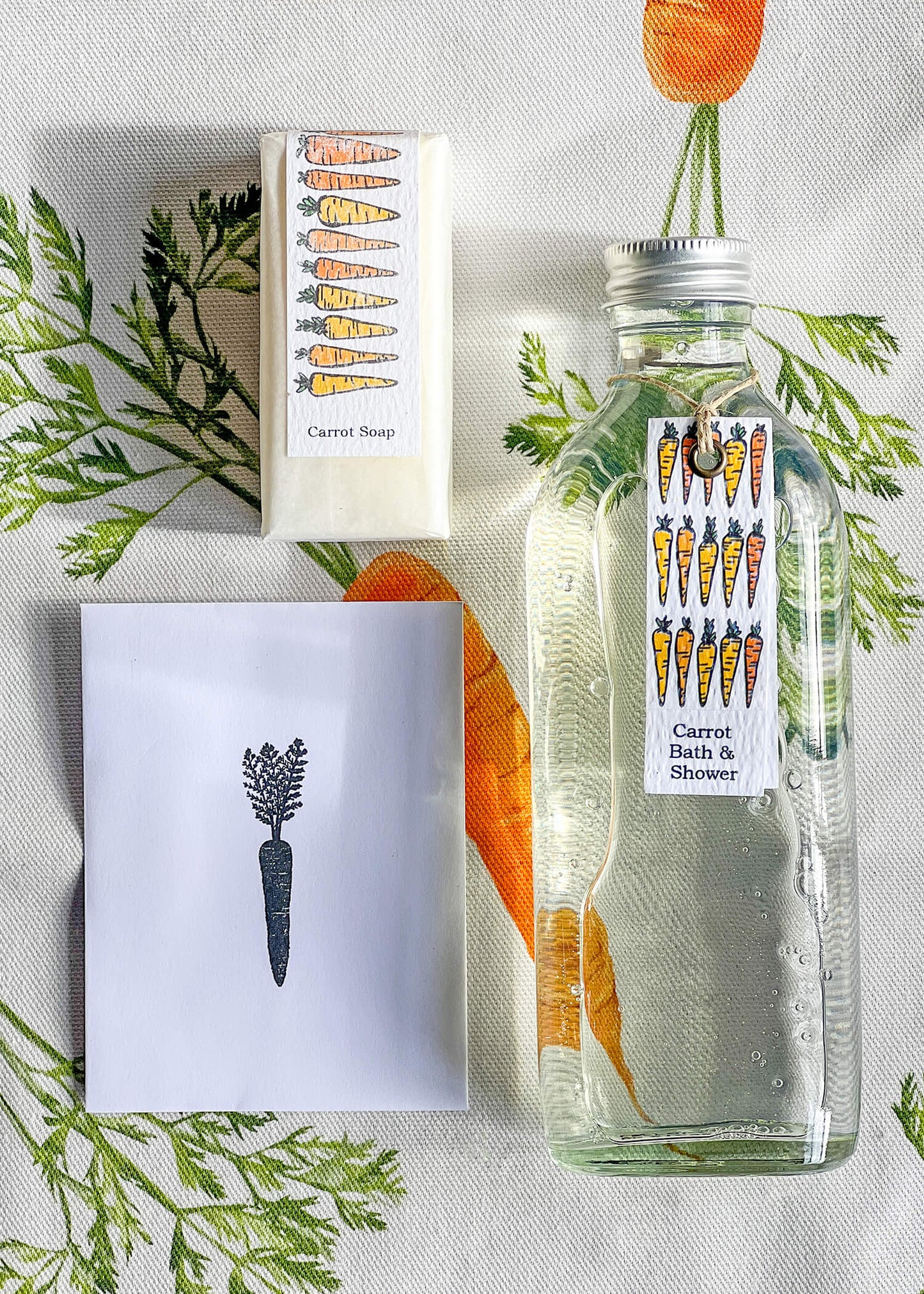 Carrot Gift Set includes a carrot tea towel, carrot soap, carrot shower foam and carrot seeds