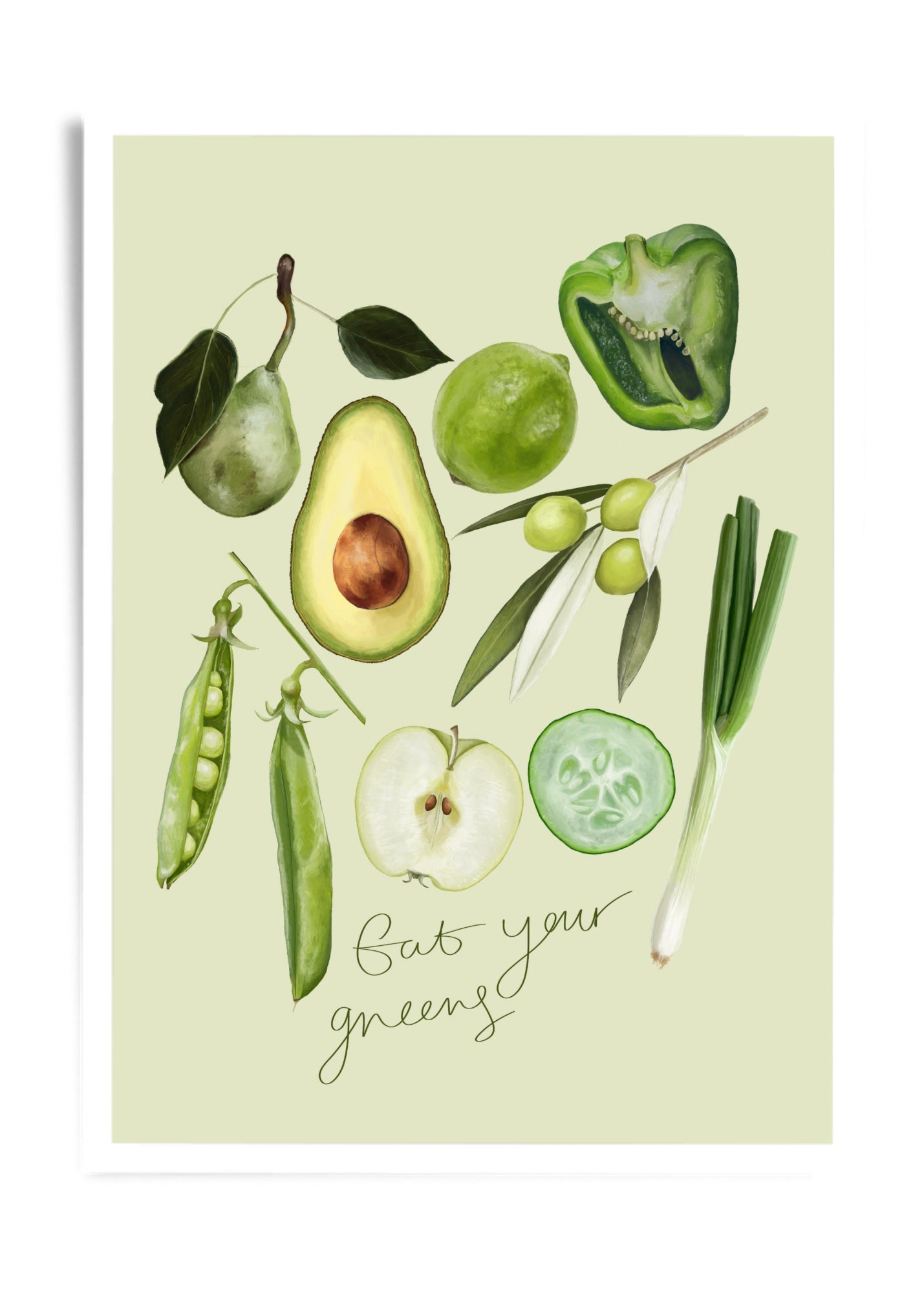 This Botanical art print featuring a collection of fresh produce, including avocado, green apple, cucumber, green bell pepper, peas, spring onion, pear, lime, and olives, all accompanied by the phrase "Eat Your Greens." 