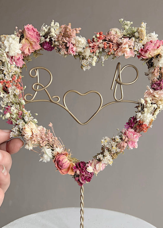 Pink and White Dried Flower Heart Cake Topper