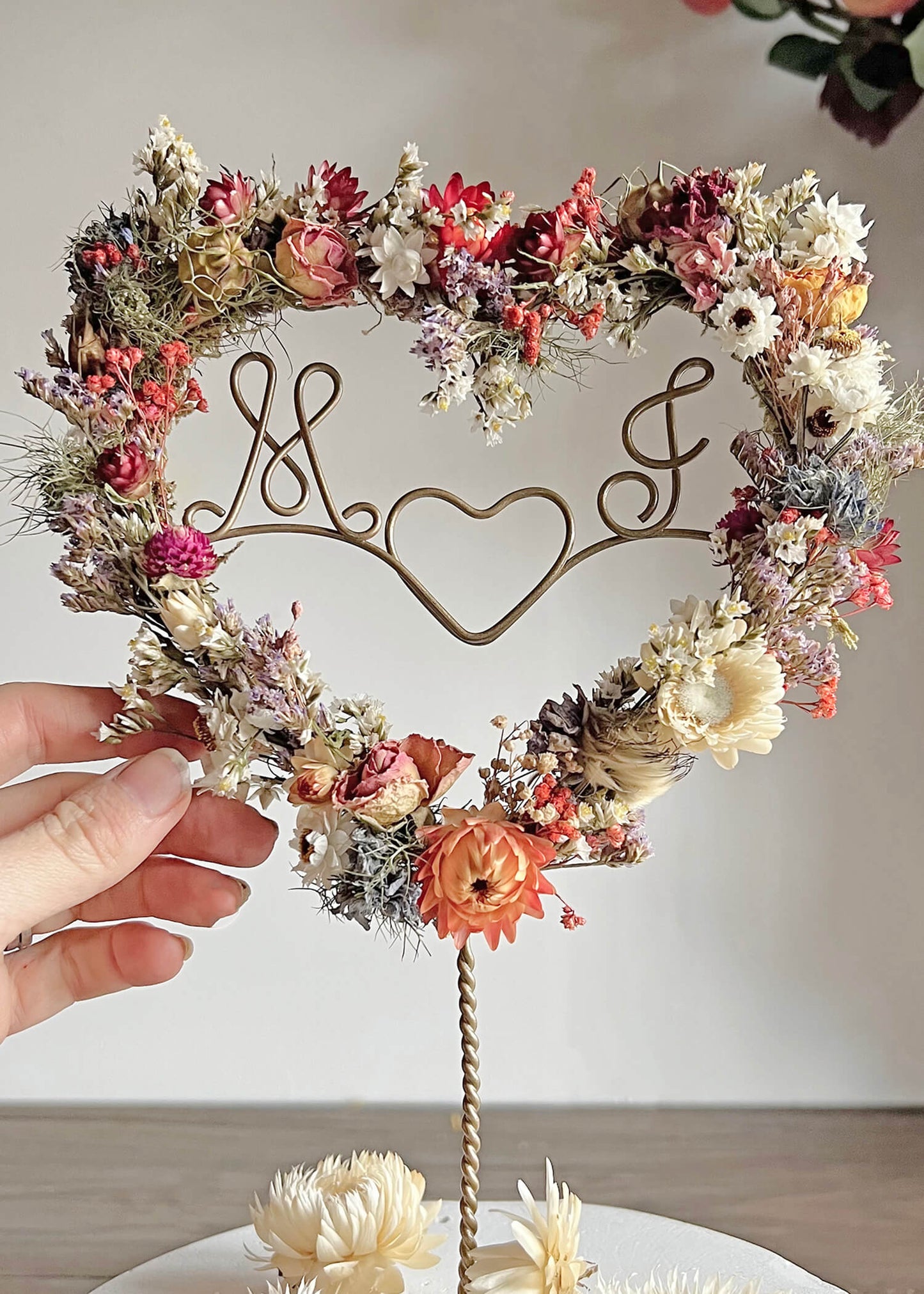 Mixed Dried Flower Heart Cake Topper