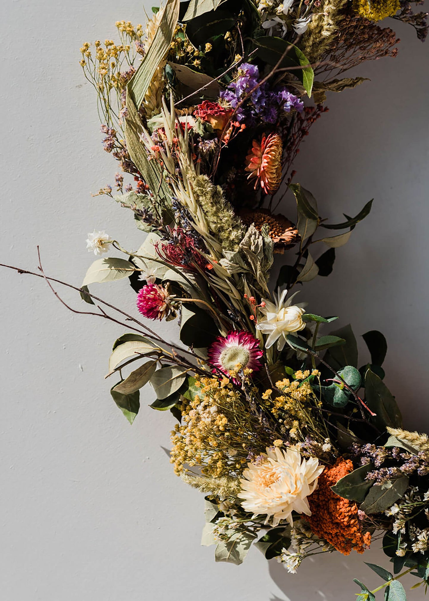 Close up of a dried flower wreath