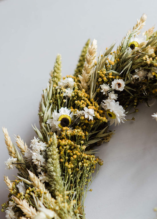 Close up of dried flower natural wreath by The Letter Loft